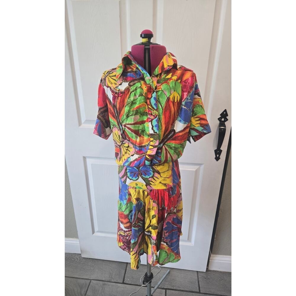 FARM Rio Butterfly Print Button Up Shirt‎ Dress Midi Flutter Sleeve